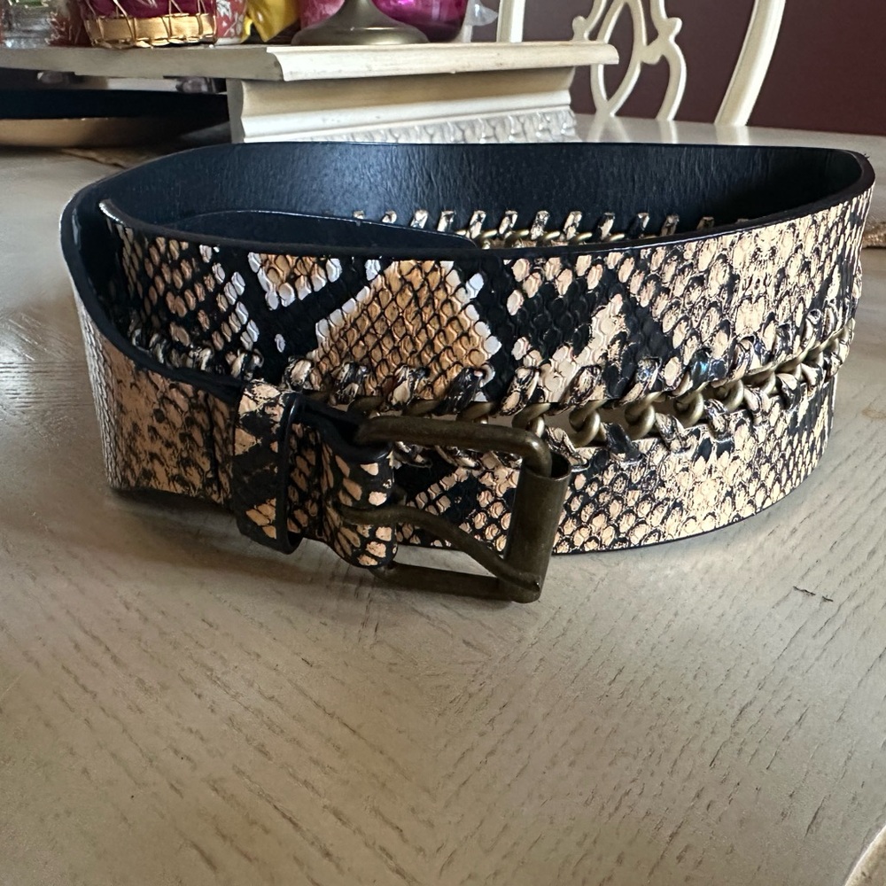 BCBGMaxAzria Black Waist Belt with Antiqued Gold Chain Detail